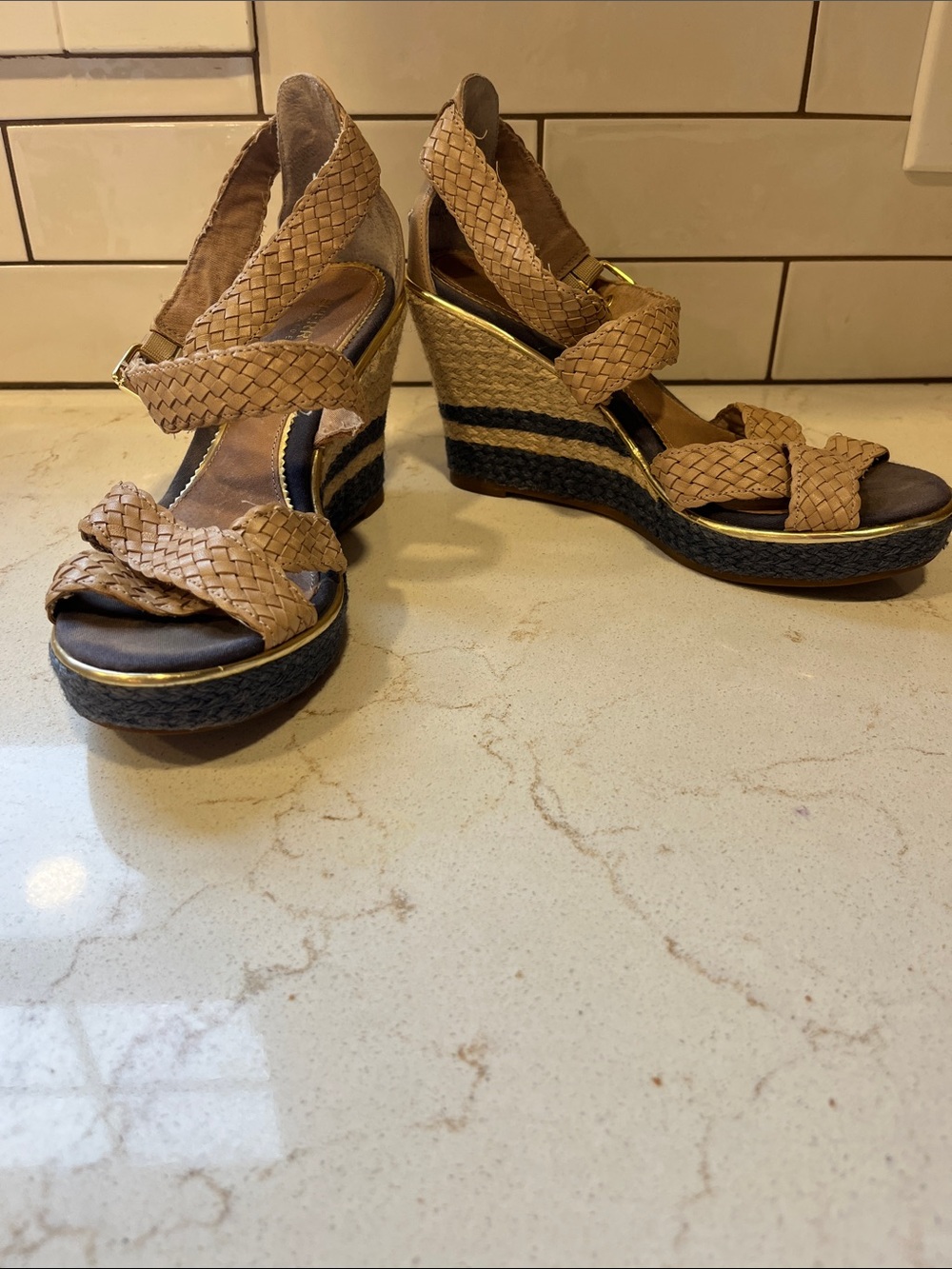 Sperry Braided Tan Wedge Sandals with Black Espadrille Platform and Gold Trim